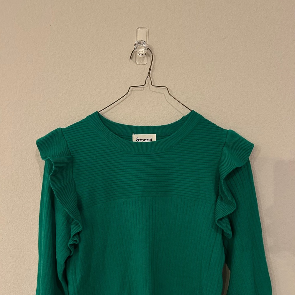 &merci Emerald Green Ribbed Knit Sweater Ruffle Puff Sleeve Boutique Medium - Picture 4 of 10